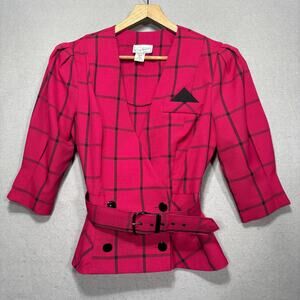 VTG Corey Robbins Pink Plaid Blazer 8 Petite‎ Belted USA Statement Retro 80s 90s
